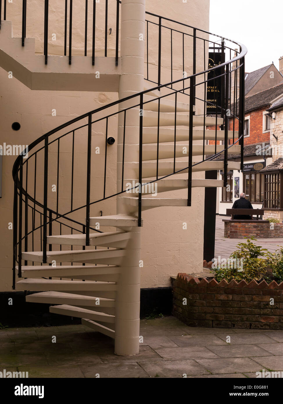 Exterior black and white spiral staircase, Stamford, Lincolnshire