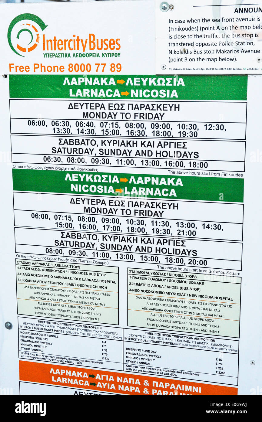 A bus timetable at Larnaca, Cyprus Stock Photo - Alamy
