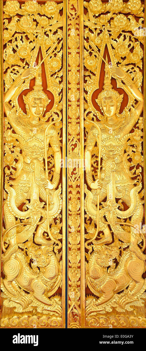 The golden door of Buddhist temple. Stock Photo