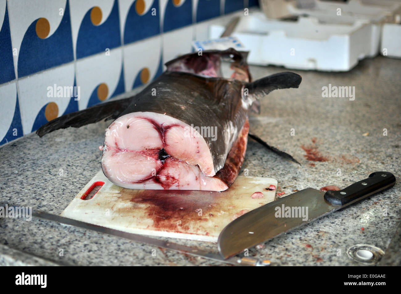 Slice of fresh swordfish closeup at the fish market, Stock Photo