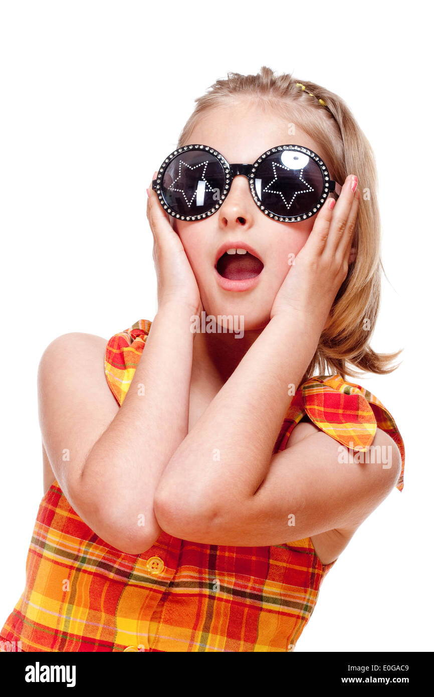 Little Girl with Blond Hair and Funny Glasses - Isolated on White Stock Photo