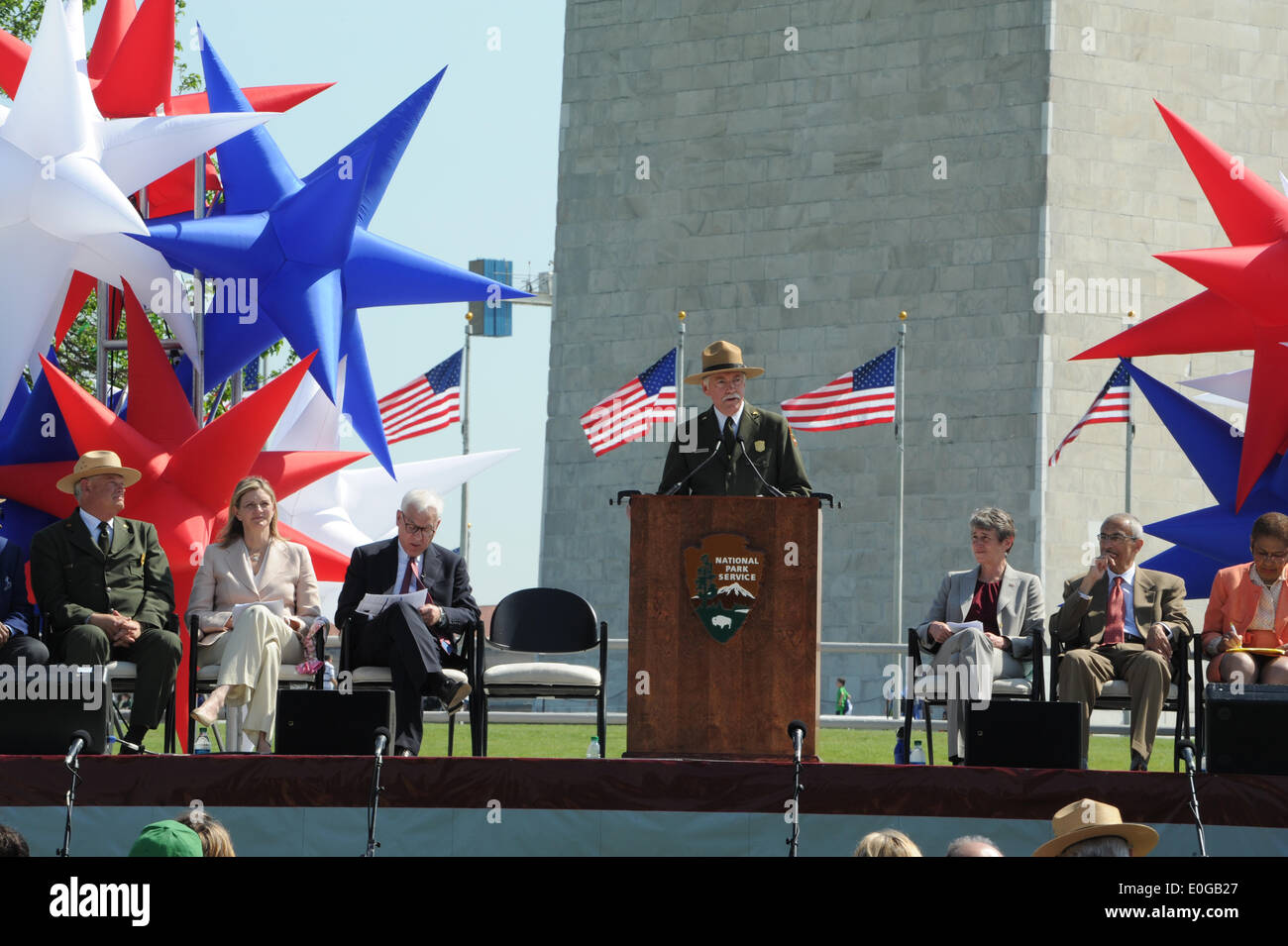 National Park Service Director Jonathan Jarvis speaks during the reopening ceremony for The Washington Monument after a 2011 earthquake caused $15 million in damage May 12, 2014 in Washington, DC. Stock Photo