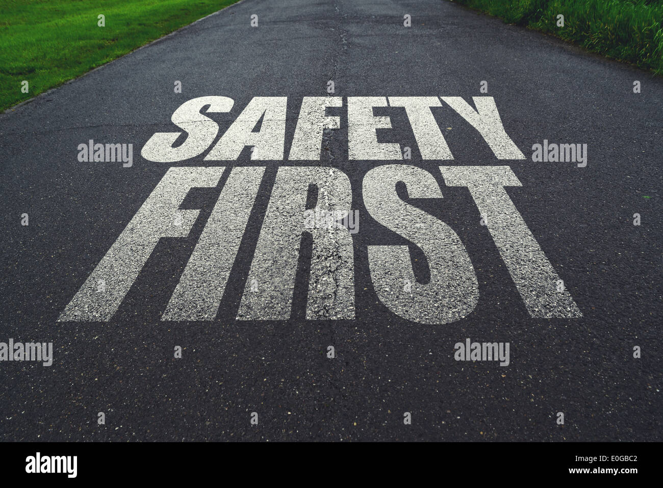 Safety first, message on the road. Concept of safe driving and preventing traffic accident. Stock Photo