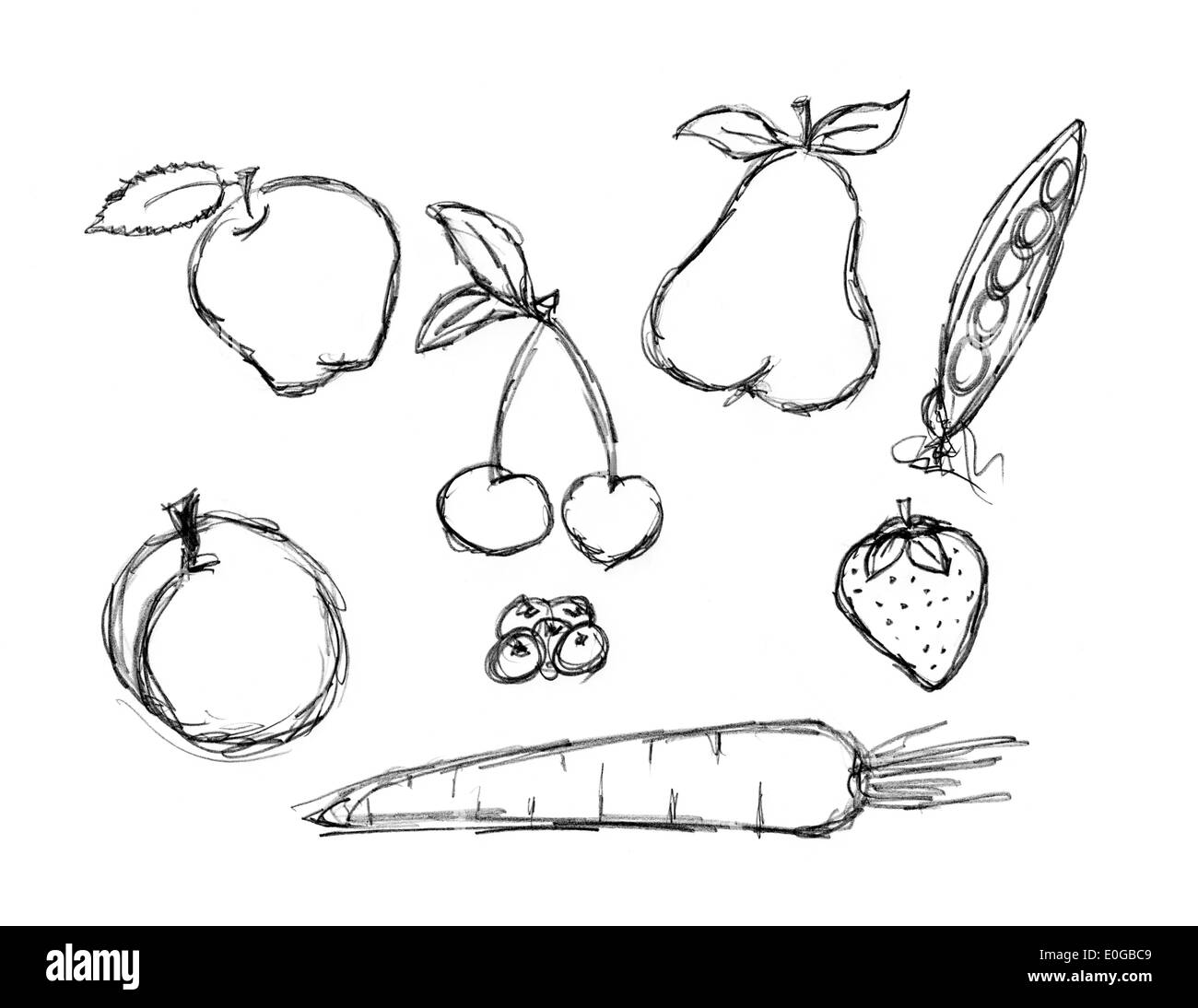 Various Fruit And Vegetable Doodle Set Apple Cherry Pear Strawberry Peach Carrot