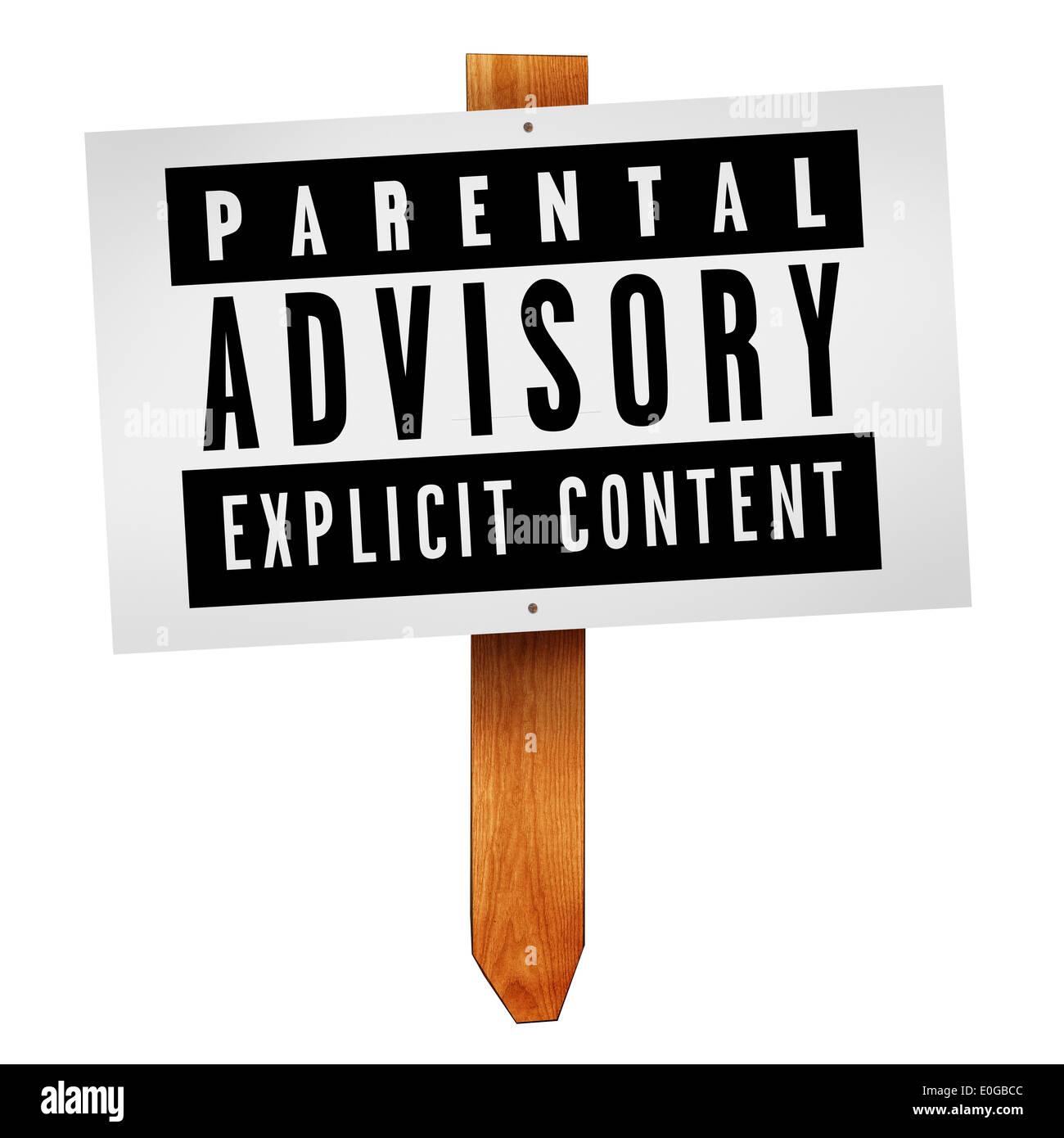 Parental advisory label on wooden post as a sign isolated on white background Stock Photo