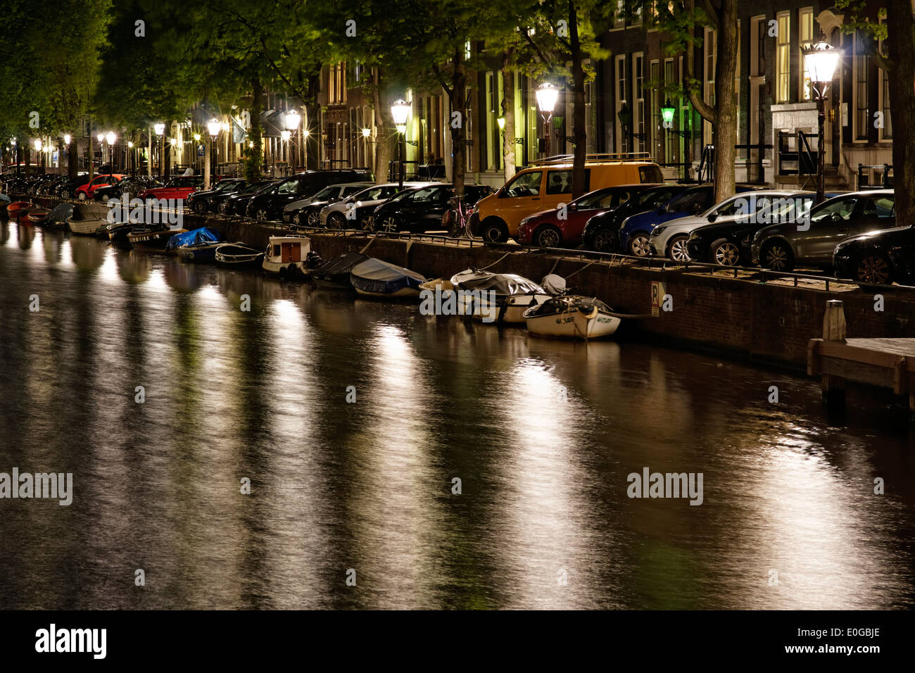 Amsterdam canal in the evening light of dusk. Stock Photo