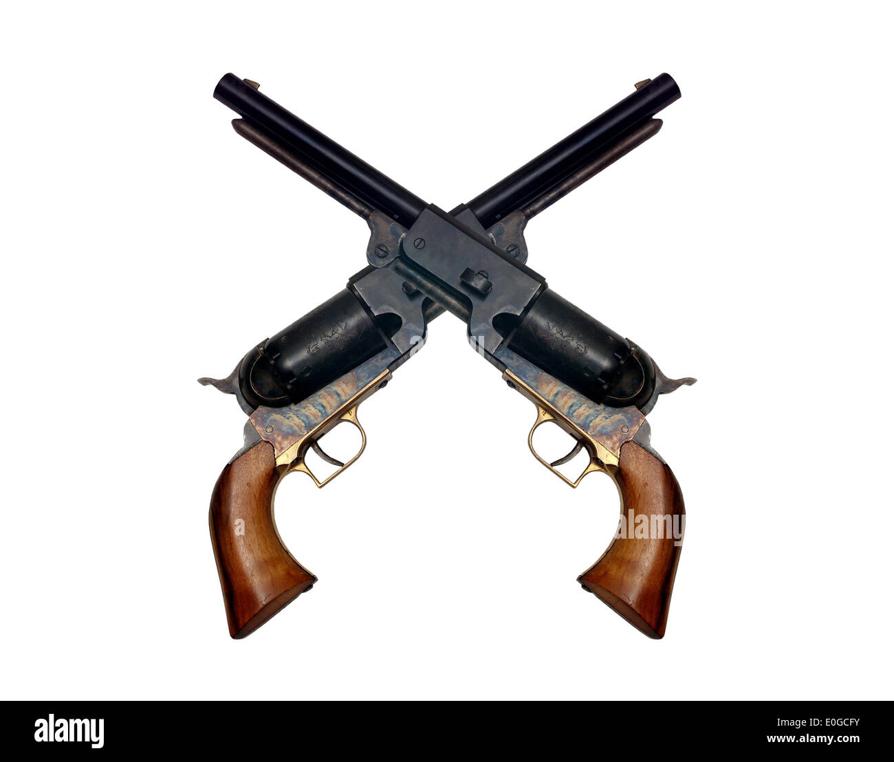 two old metal colt revolver on white background Stock Photo