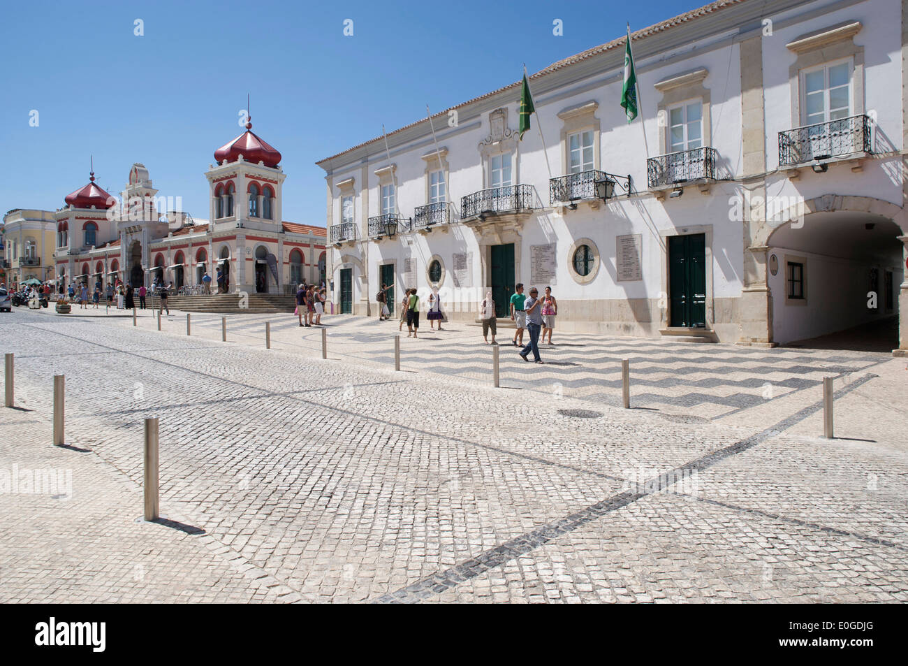 Market and town hall at Loule, Praca da Republica, Algarve, Portugal, Europe Stock Photo