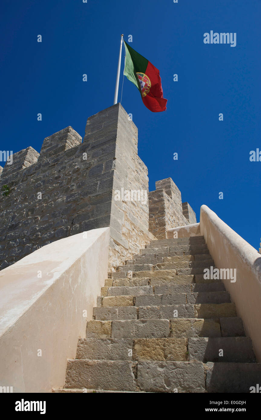 Fortress tower and Portuguese flag at Loule, Loule, Algarve, Portugal, Europe Stock Photo