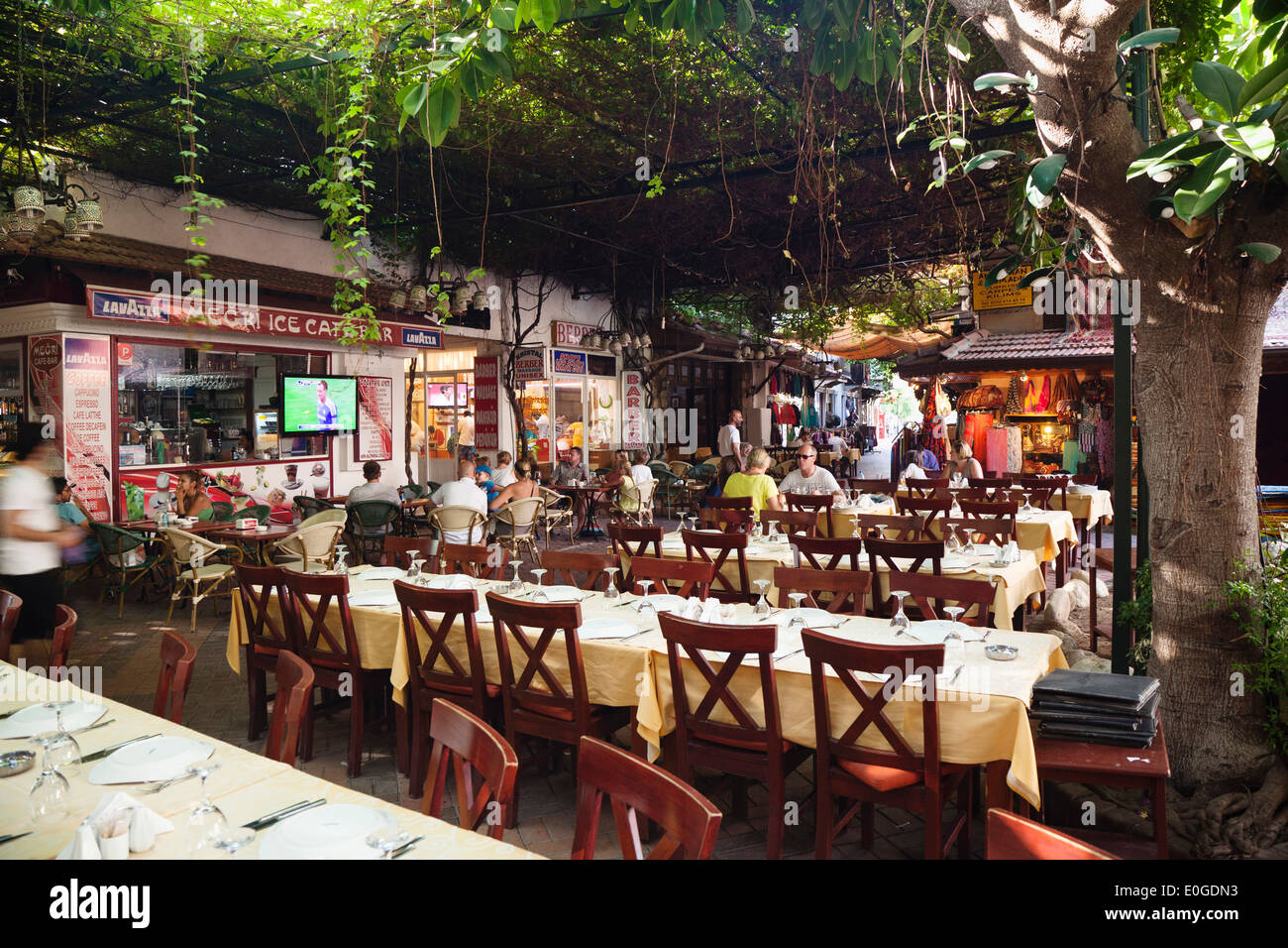 Restaurant in the bazaar in Fethiye, lycian coast, Mediterranean Sea, Fethiye, Mugla, Turkey Stock Photo