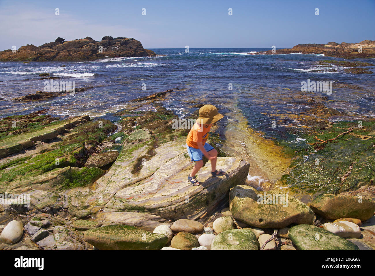 Child on the waterfront, Point Lobos State Reserve, Pacific coast, Pacific Ocean, Highway 1, California, USA, America Stock Photo