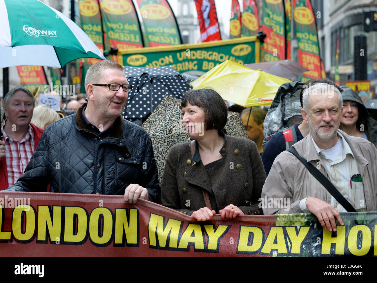 Len McCluskey (Gen Secretary, UNITE Union), Frances O'Grady (Gen Secretary TUC) and Jeremy Corbyn MP, May Day 2014 Stock Photo
