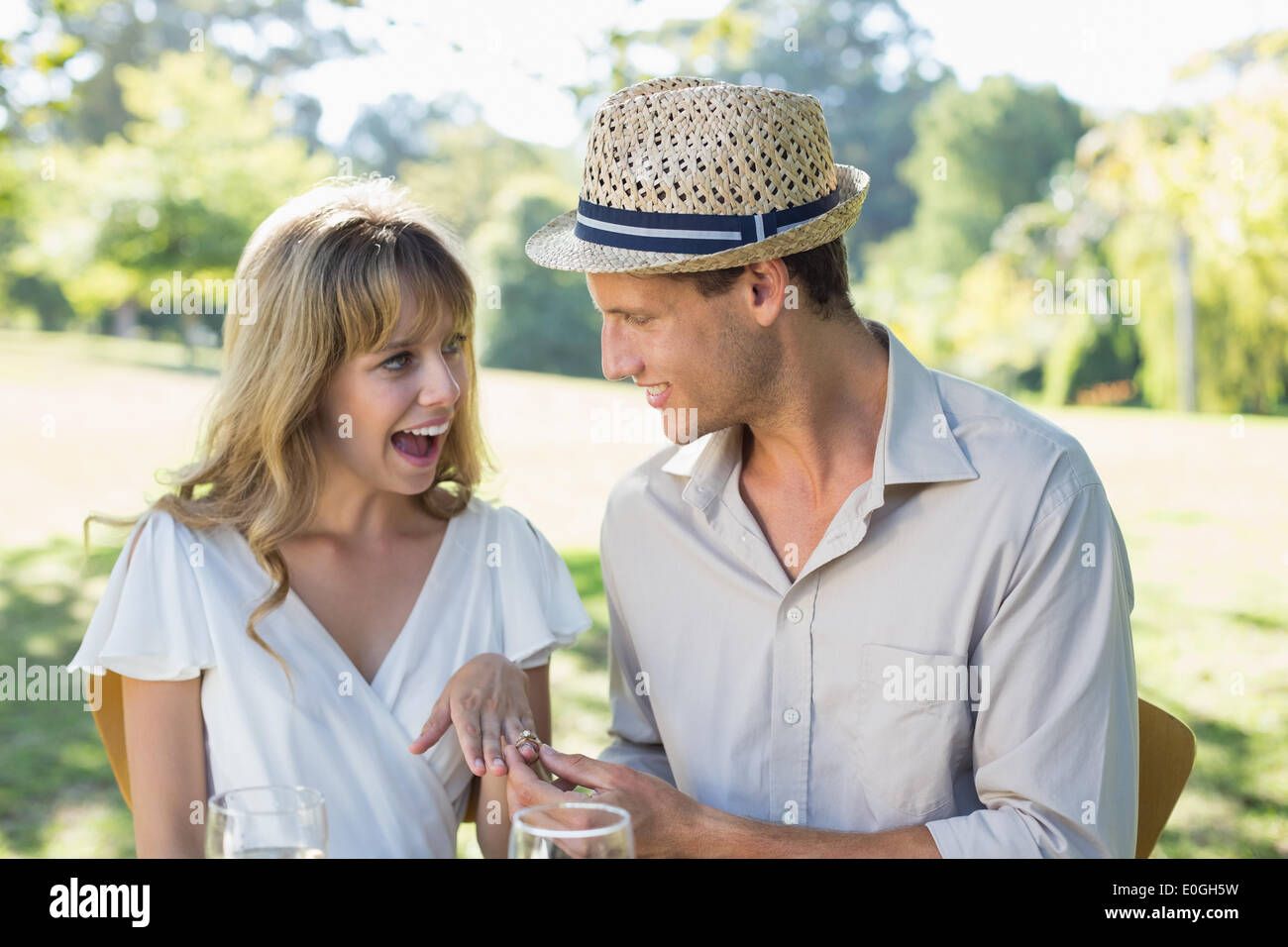 Man placing engagement ring on smiling fiancees finger Stock Photo - Alamy