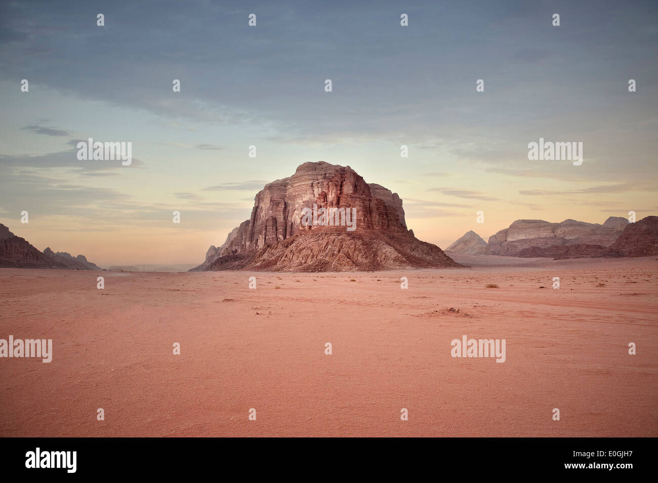 Rock formations at Wadi Rum at sunset, red sand in the desert, Jordan, Middle East, Asia Stock Photo
