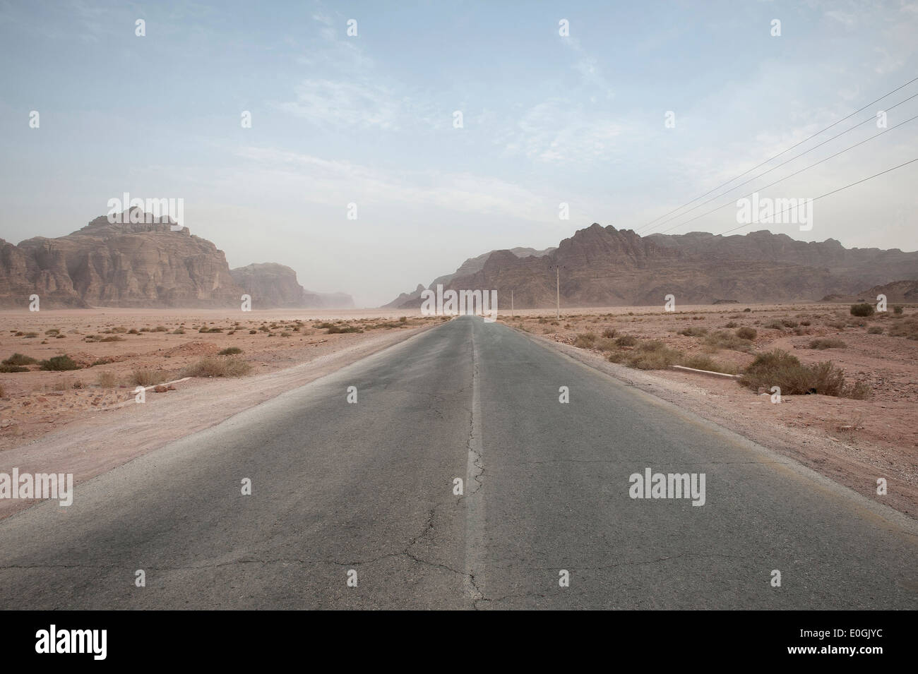 Empty road after sandstorm at Wadi Rum, Jordan, Middle East, Asia Stock Photo