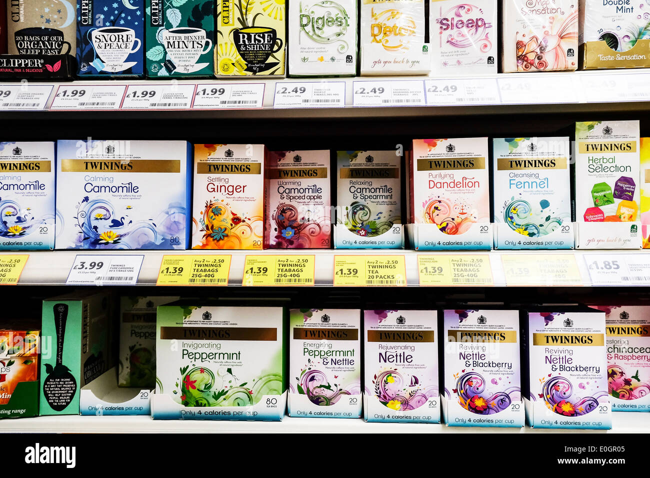 shelves of packets of herbal teas in a tesco supermarket E0GR05