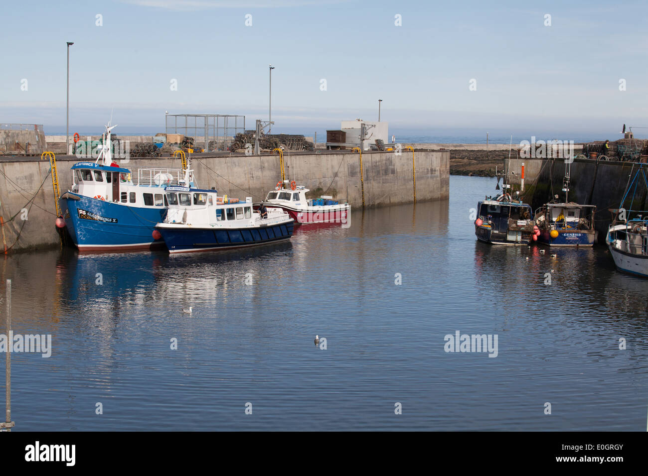 fishing boats moored in Seahouses harbour Northumberland UK on sunny ...