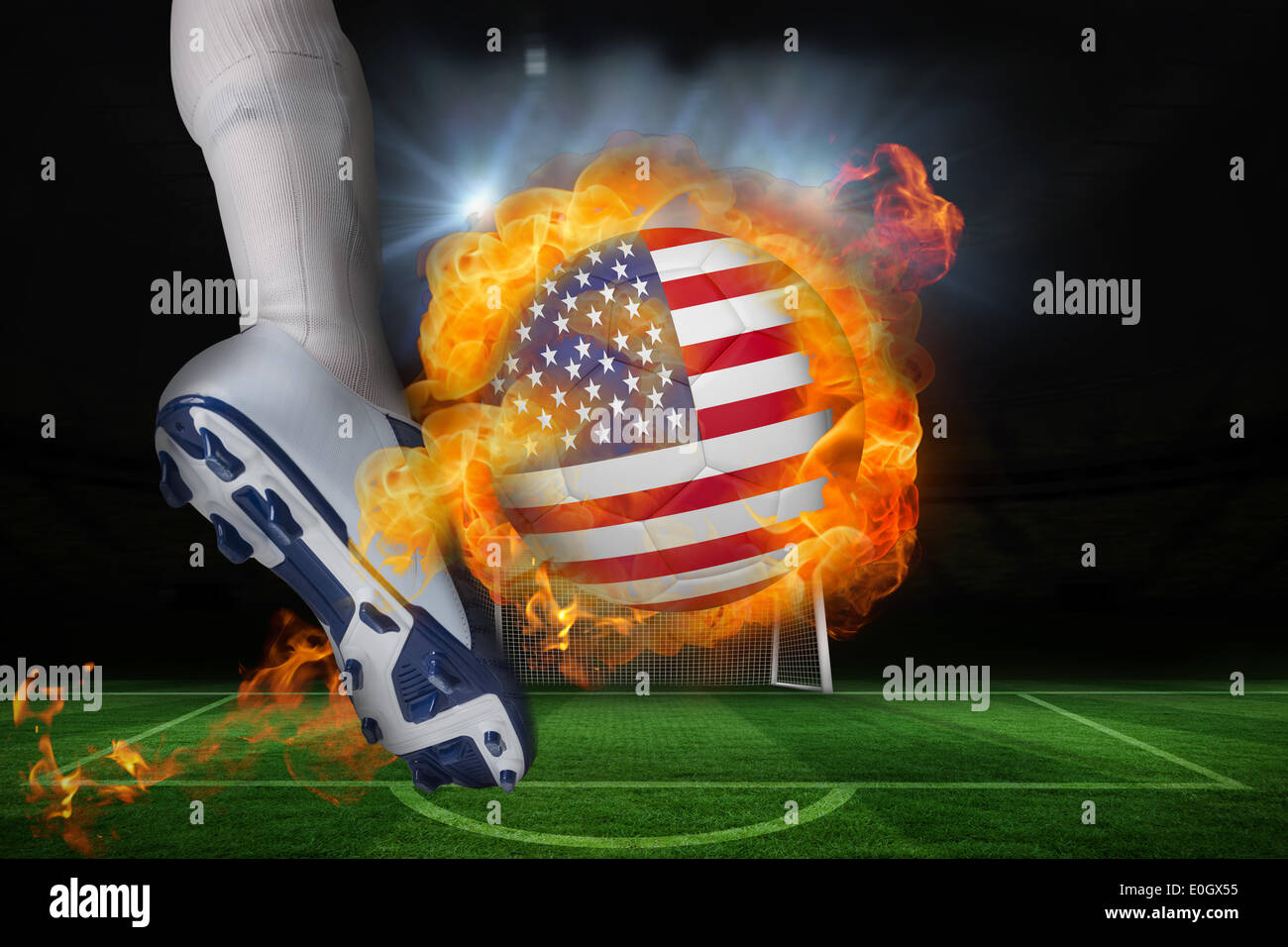 Football player kicking flaming usa flag ball Stock Photo - Alamy