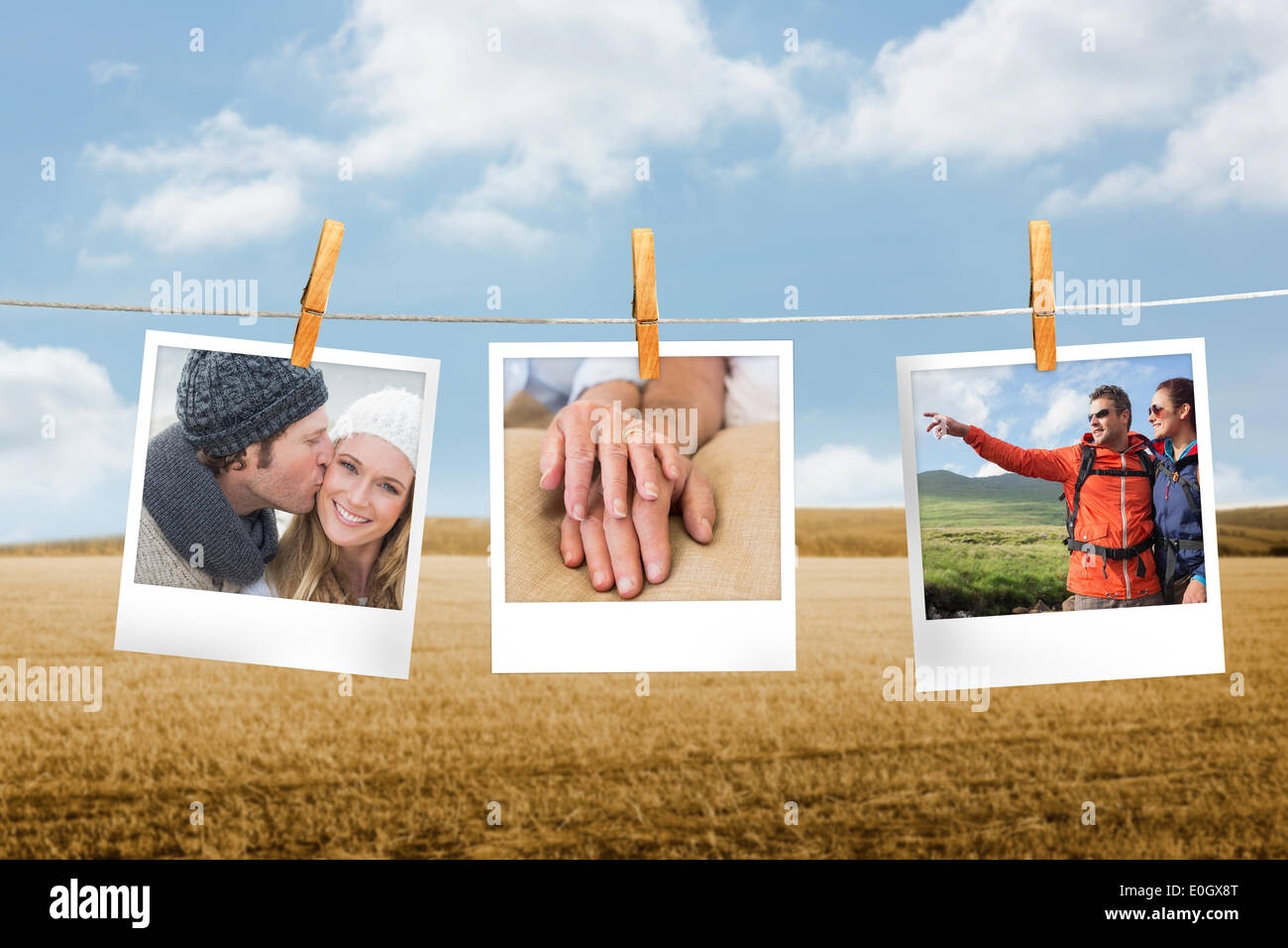 Instant Photo Line Composite image of instant photos hanging on a line Stock Photo - Alamy
