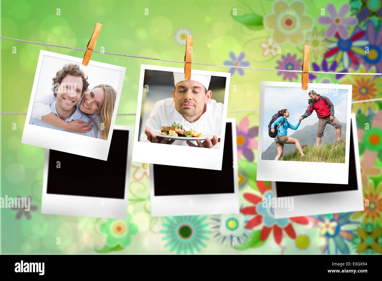 Instant Photo Line Composite image of instant photos hanging on a line Stock Photo - Alamy