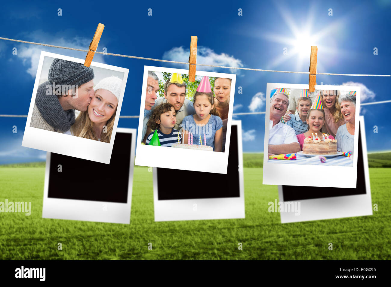 Instant Photo Line Composite image of instant photos hanging on a line Stock Photo - Alamy