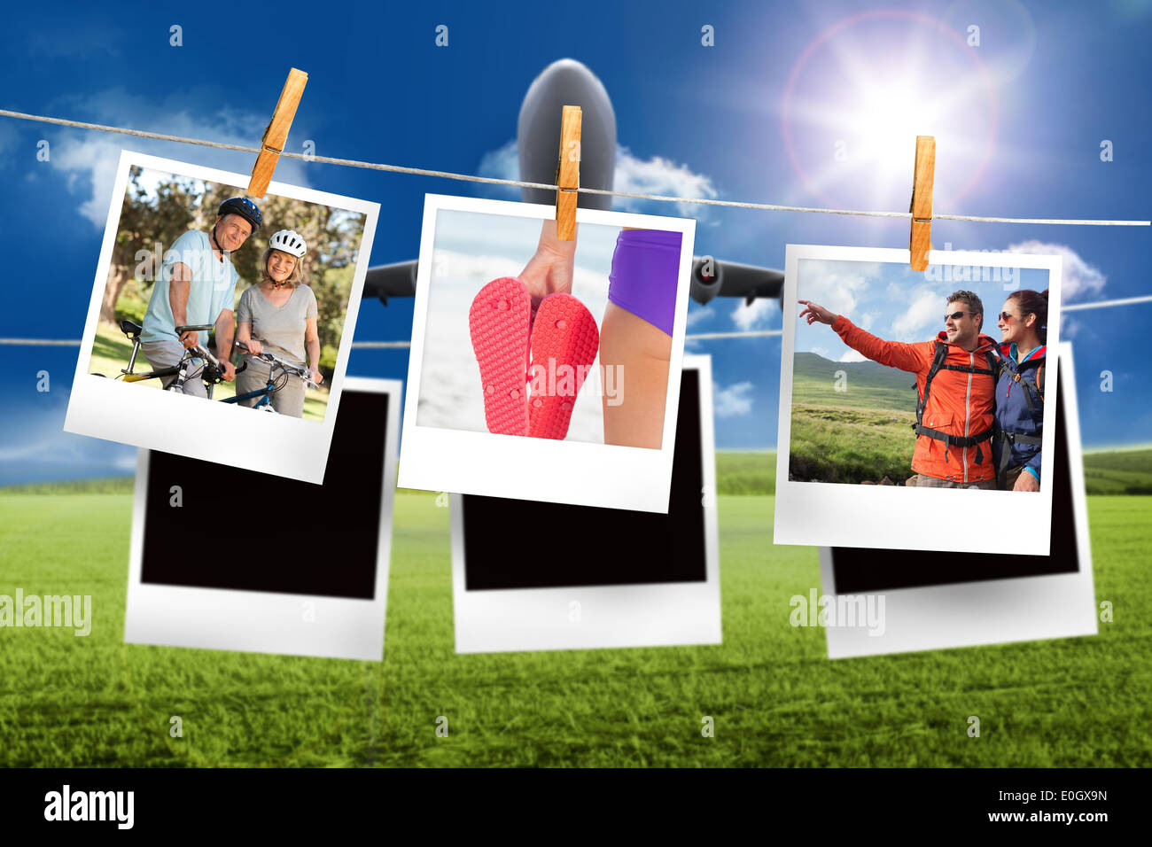 Instant Photo Line Composite image of instant photos hanging on a line Stock Photo - Alamy
