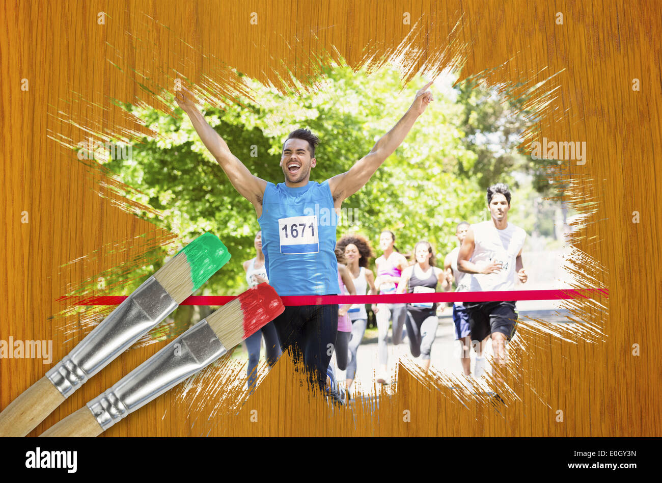 Composite image of racer crossing finishing line Stock Photo