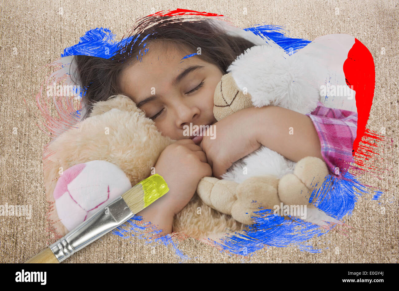 Composite image of little girl cuddling teddys Stock Photo