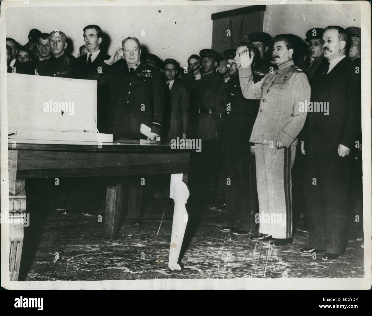 Jan 1, 1940 - Stalingrad sword - presentation Teheran conference.: Prime Minister Winston Churchill in salute during playing of Stock Photo