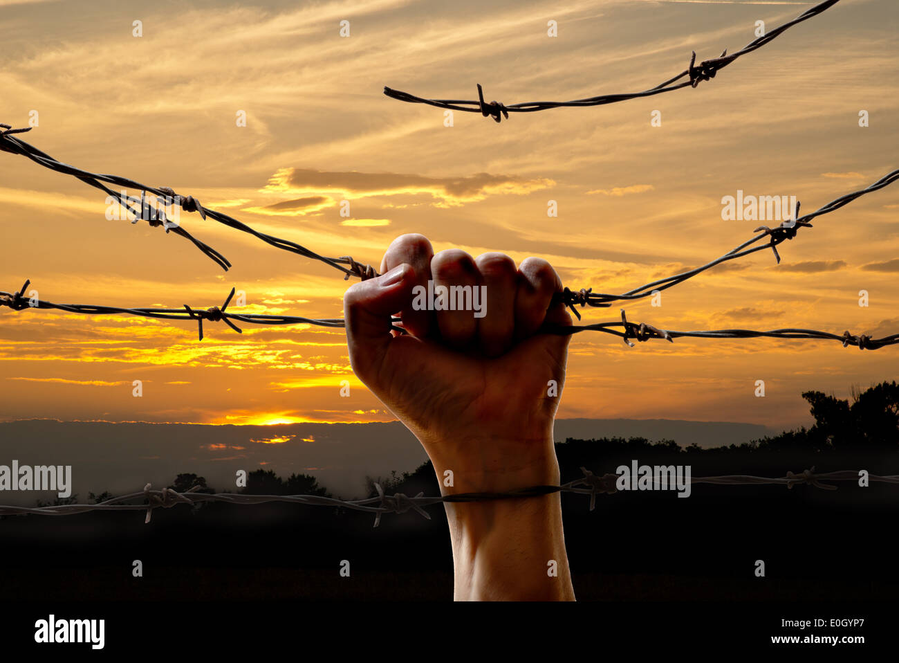 hand behind barbed wire with sunset in the background Stock Photo