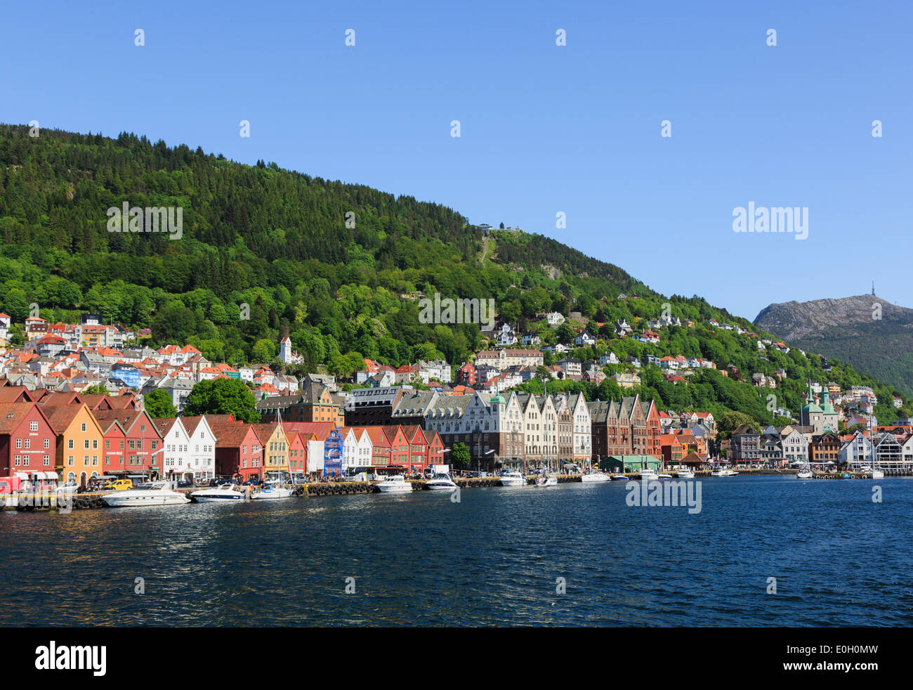 Medieval Hanseatic buildings on Bryggen wharf from Vågen harbour, Bergen, Hordaland, Norway, Scandinavia, Europe. Stock Photo