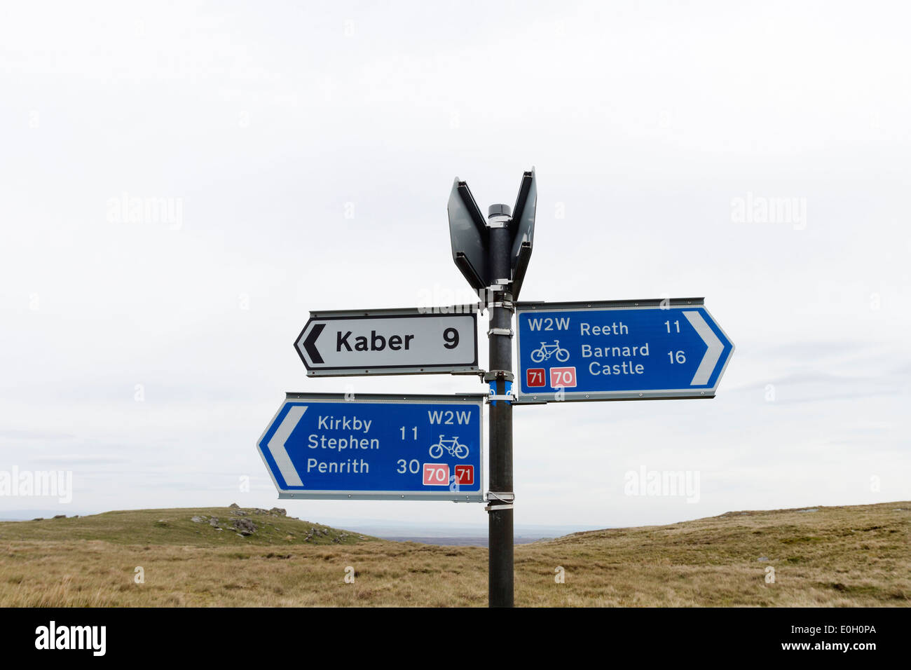 W2W (Walney to Wear) Cycle Route Sign at the Highest Point on the Route. Tan Hill Yorkshire Dales UK Stock Photo