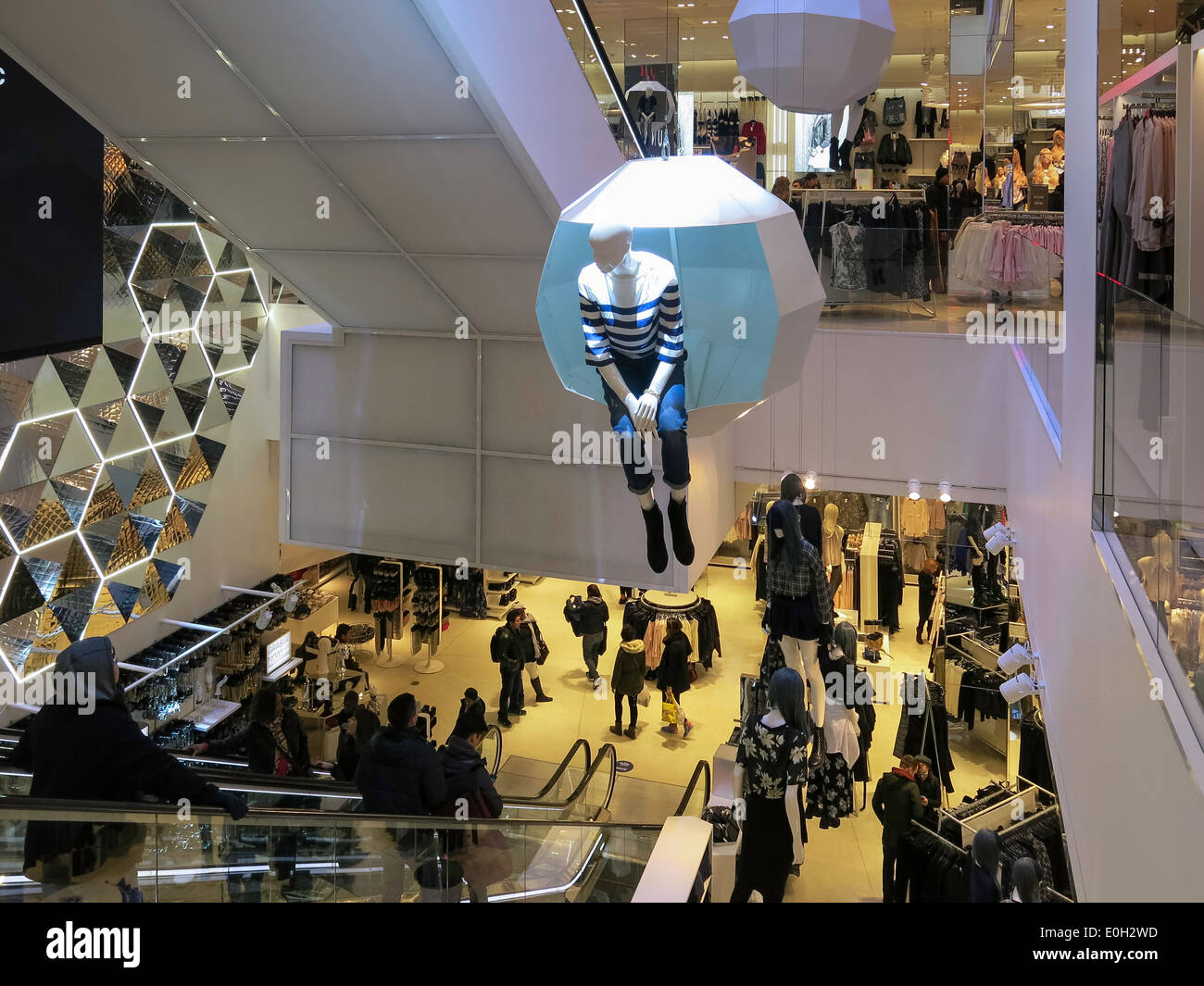 Main Escalators, Entryway, H&M Clothing Store Interior in Times Square, NYC, USA Stock Photo