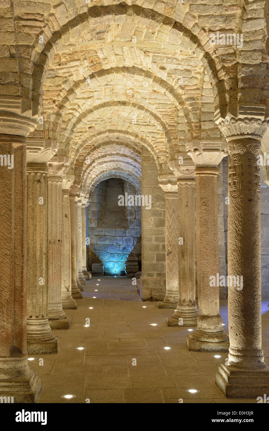 Illuminated pillars of Langobardic crypt of San Salvatore, Abbadia San Salvatore di Monte Amiata, Tuskany, Italy Stock Photo