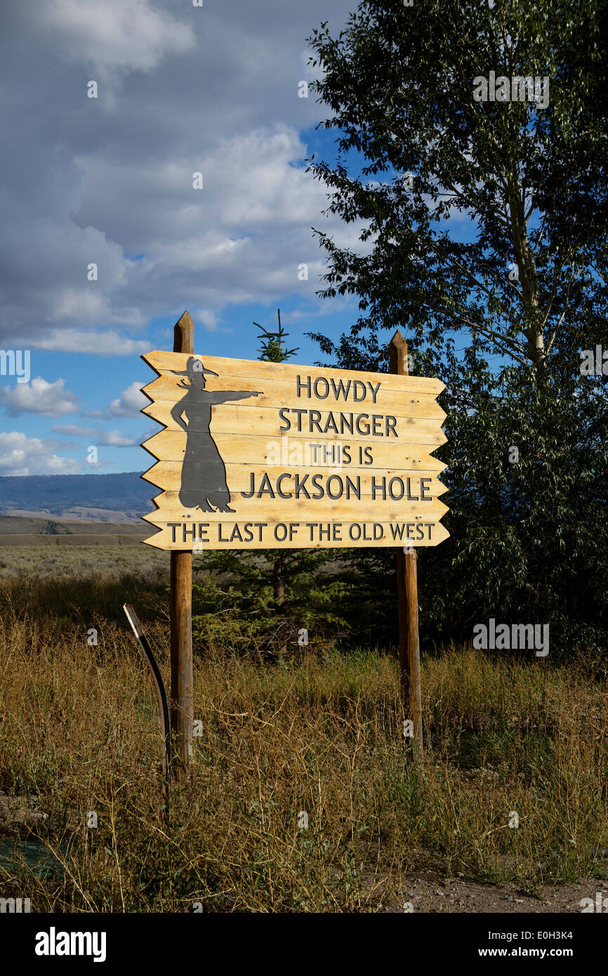 Wooden sign on the road to and from Jackson Hole airport in Wyoming Stock Photo