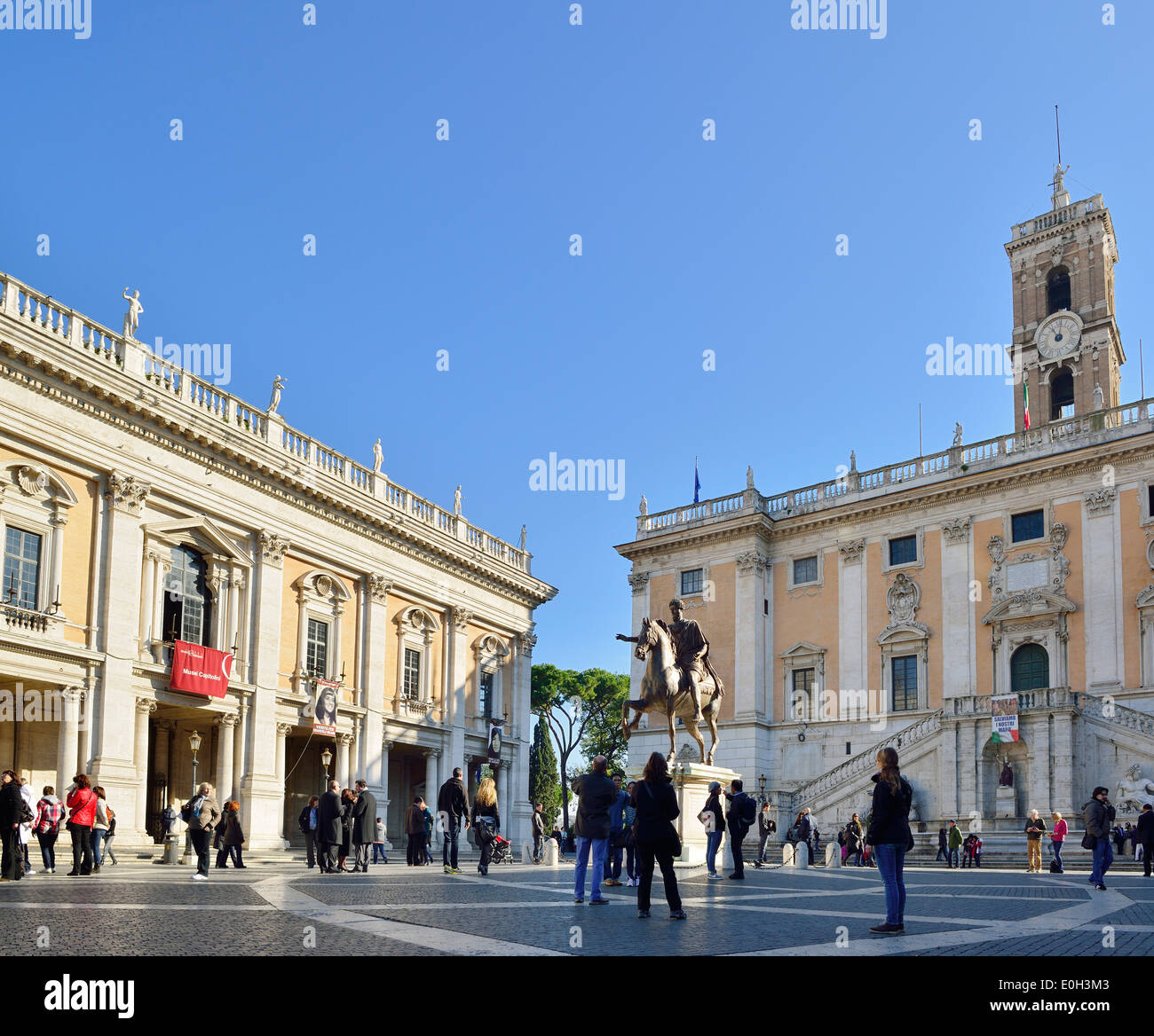 Equestrian statue of the emperor Marcus Aurelius in front of Senatorial Palace, Capitoline Hill, UNESCO World Heritage Site Rome Stock Photo