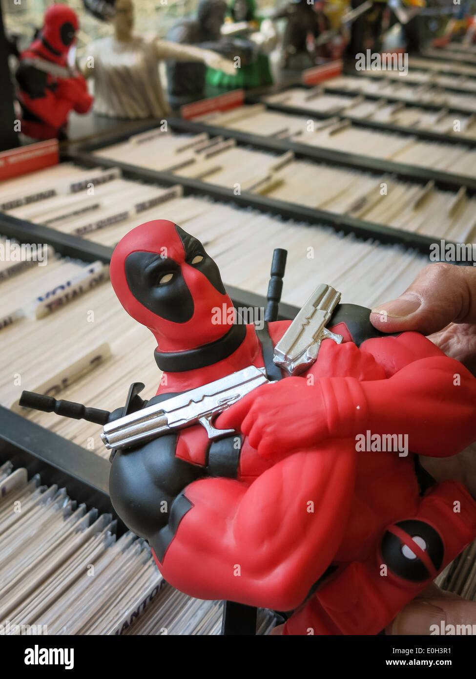 Deadpool Action Figure, Midtown Comics Store on Lexington Avenue, NYC Stock Photo