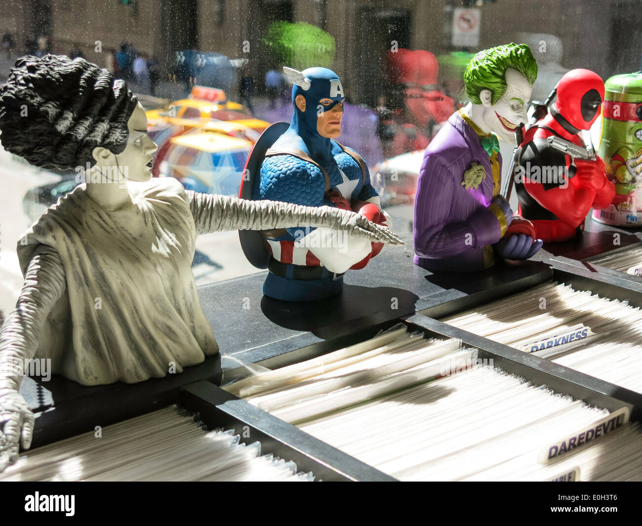 Bride of Frankenstein and Captain America  Action Figures,  Midtown Comics Store on Lexington Avenue, NYC Stock Photo