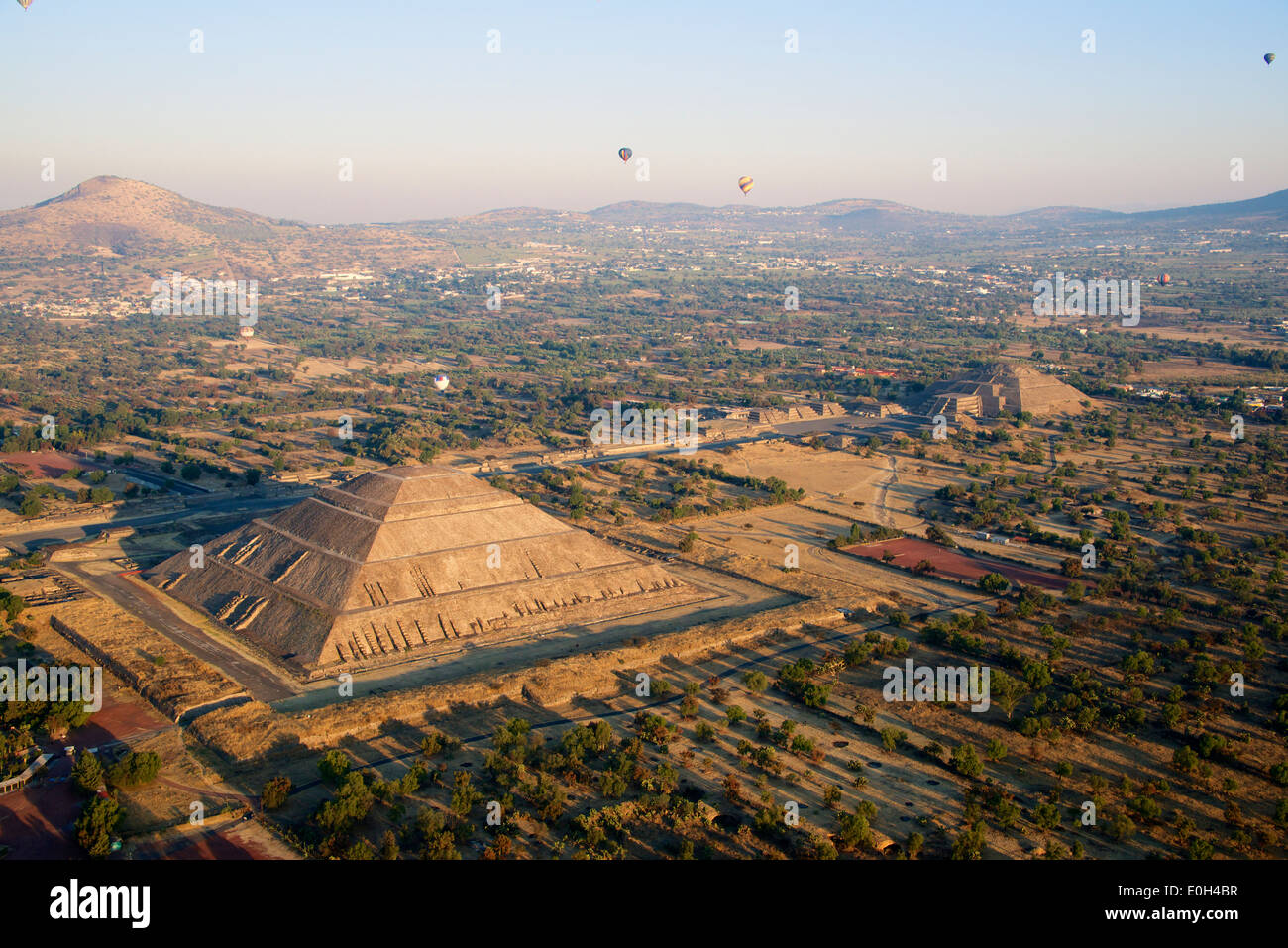 Early morning aerial view Pyramid of the Sun and Pyramid of the Moon Teotihuacan Mexico Stock Photo