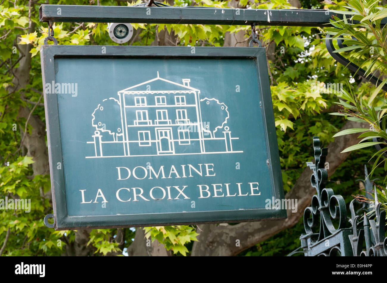 Sign at the premises of Domaine La Croix Belle, wine producers, in the Languedoc village of Puissalicon, south of France. Stock Photo