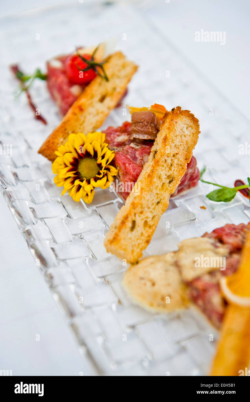 Tartar served with toasted breadsticks, Hotel Castagnola, Lake Lugano, Lugano, Ticino, Switzerland Stock Photo