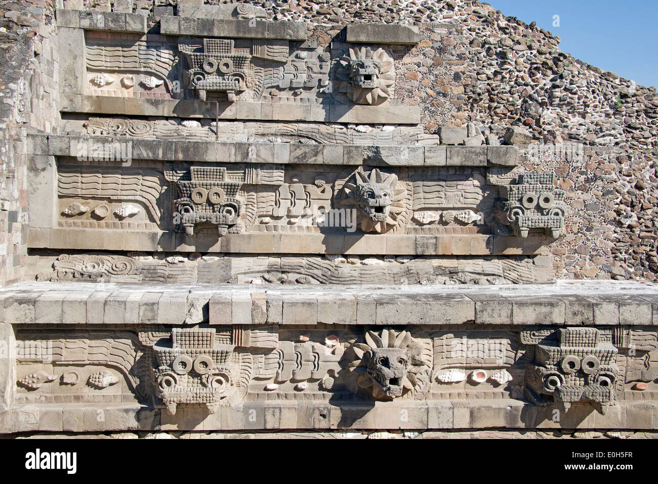 Temple of Quetzalcoatl with decorations of water serpent and earth munster Teotihuacan Mexico Stock Photo