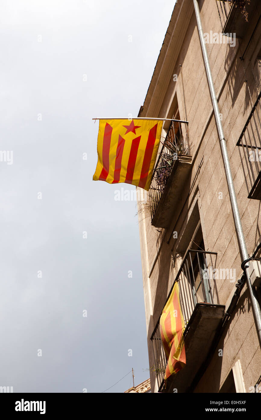 Catalonia: A New European State. Catalan Independence flags hanging on buildings in Girona. Stock Photo