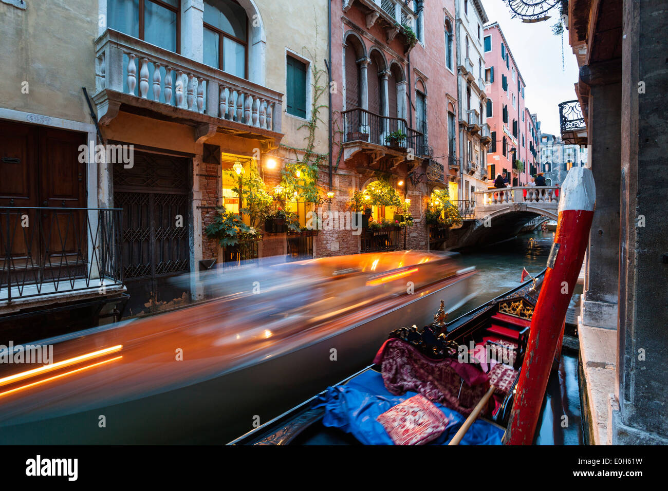 Gondola and restaurant, canal, Venice, Venetia, Italy, Europe Stock Photo