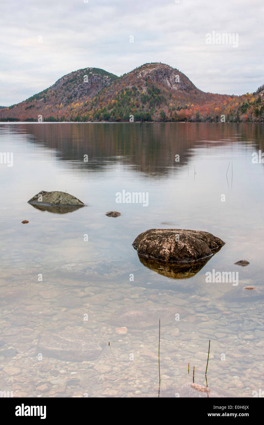 lakeside reflections,twin hills in the distance, Acadia National Park, Maine, USA Stock Photo