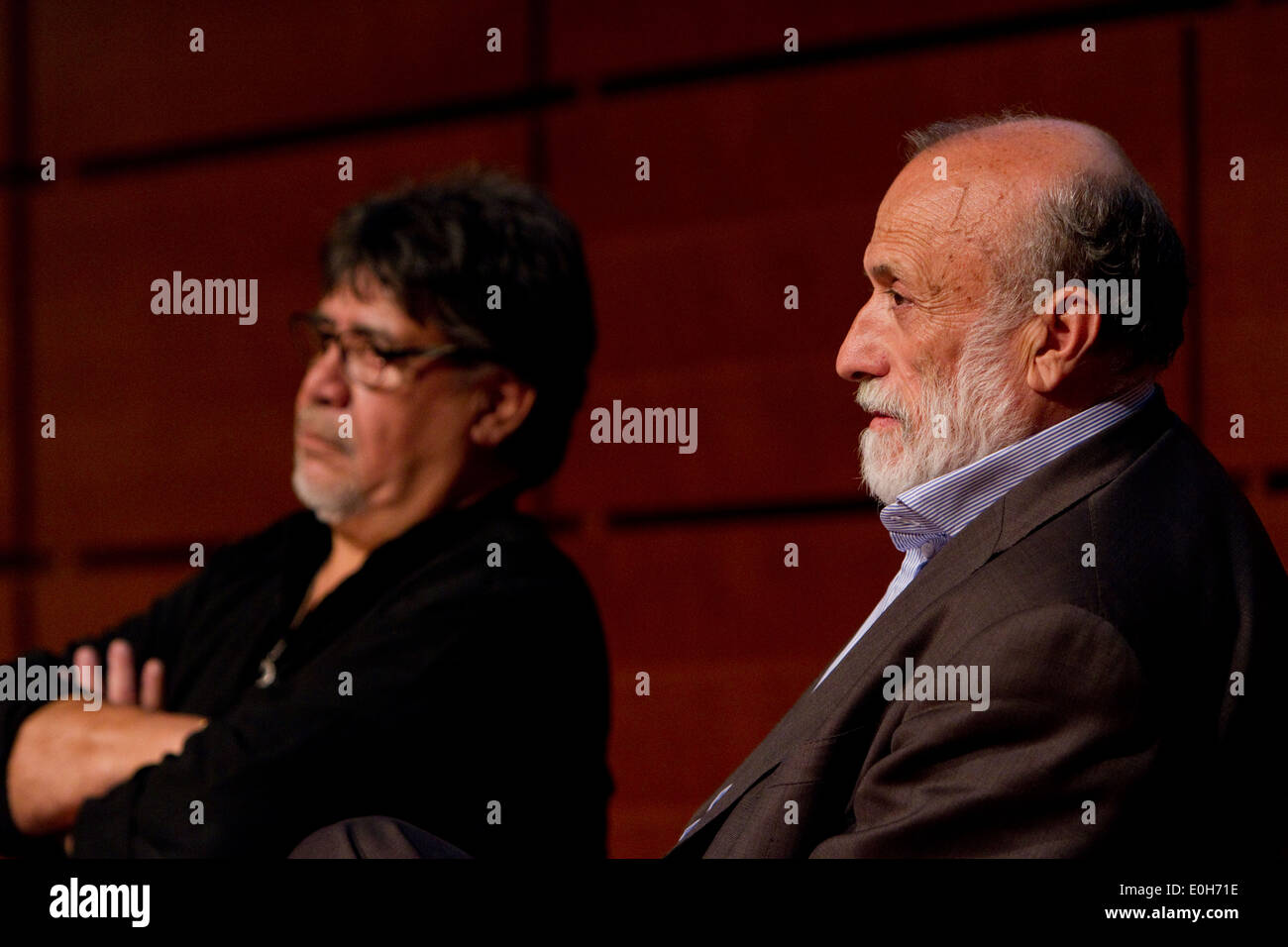Slow Food movement founder Carlo Petrini (right) with Chilean writer Luis Sepulveda (left) during a book presentation Stock Photo