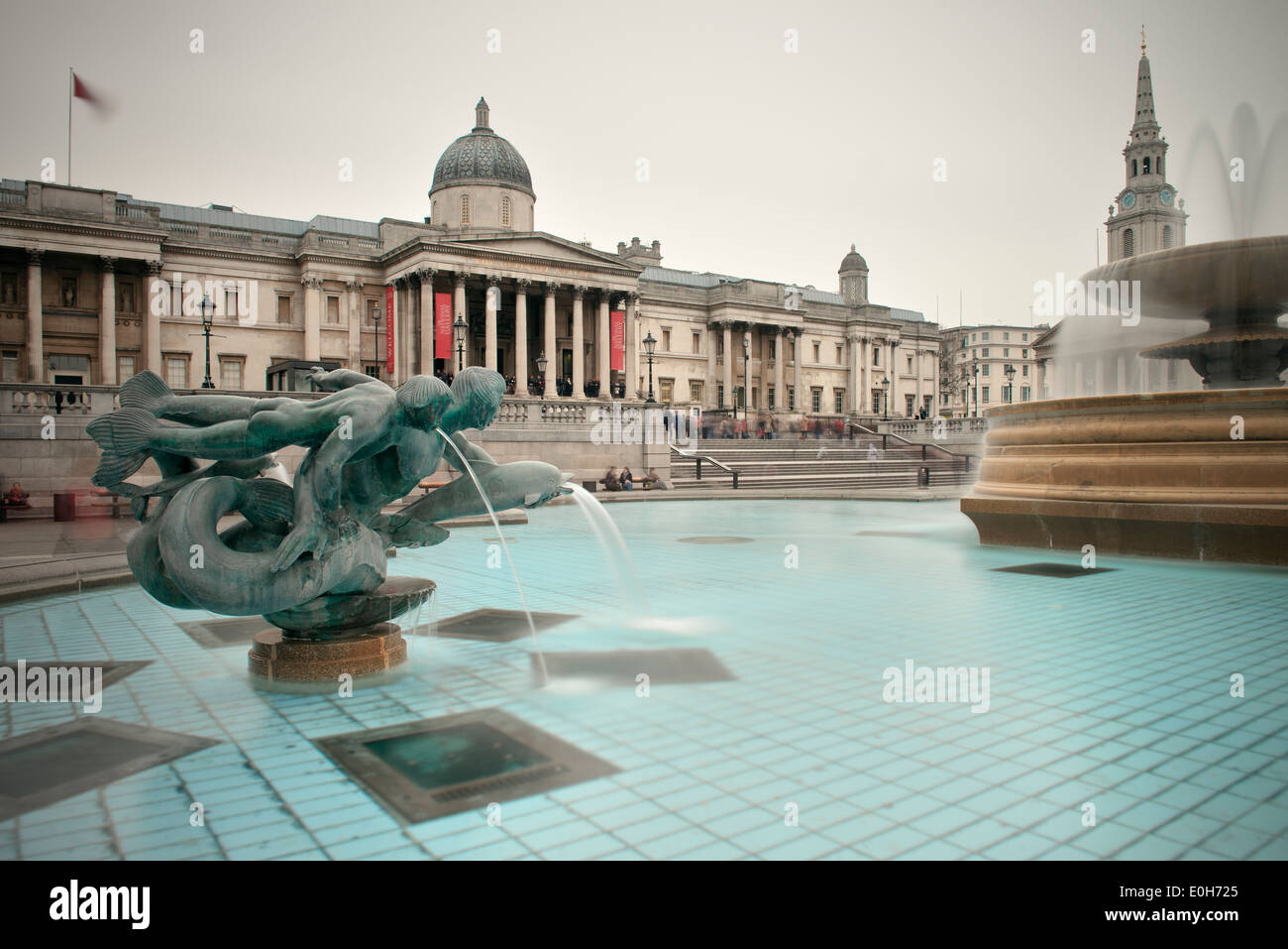 Art museum and fountain on Trafalgar Square, City of London, England, United Kingdom, Europe Stock Photo