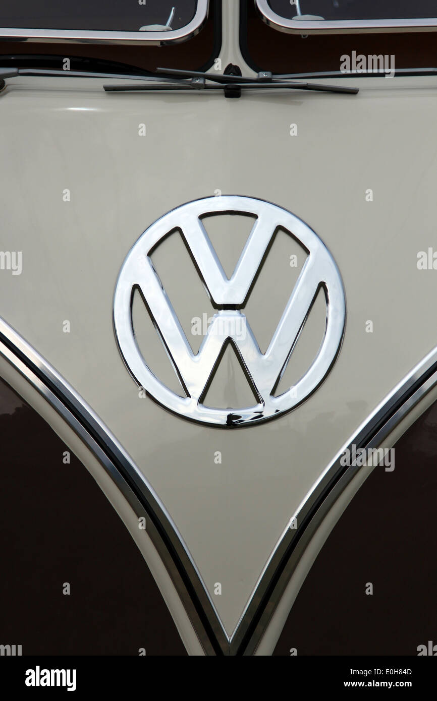 Front of a Volkswagon van showing the silver VW car badge. Stock Photo