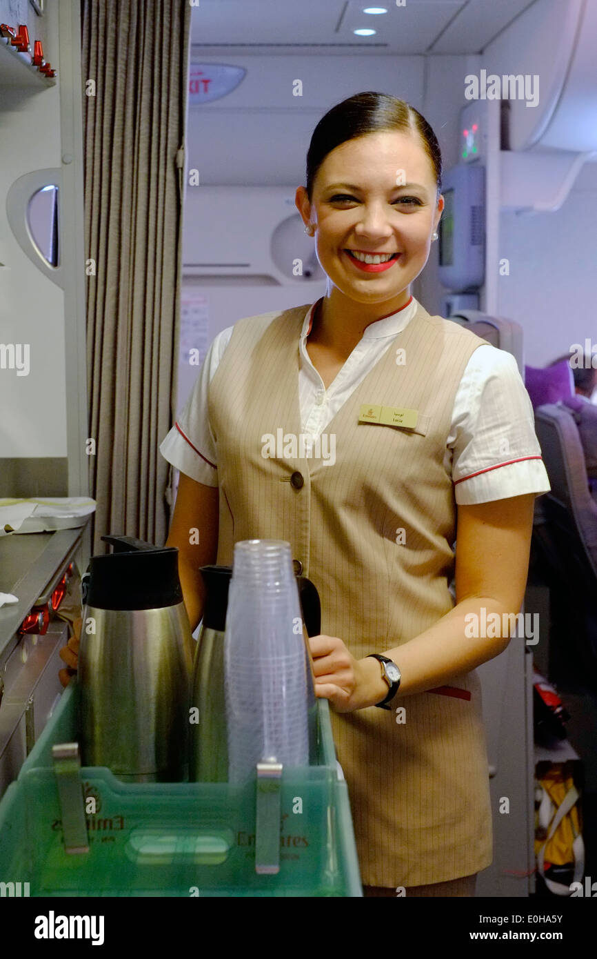 smiling air hostess working in the galley in the economy cabin of an emirates a380 airbus Stock Photo