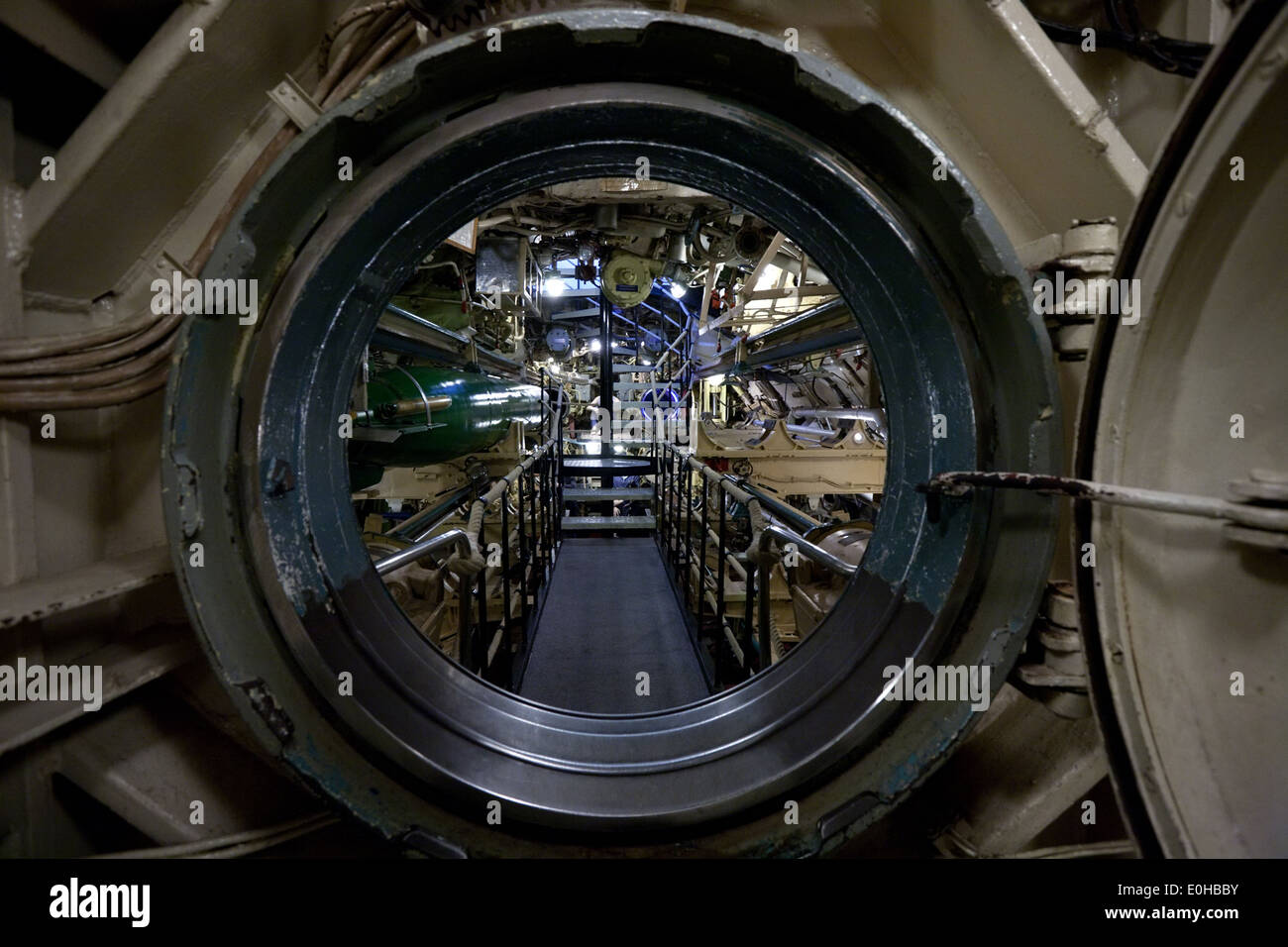 submarine view through manhole, interior with devices and technical equipment Stock Photo